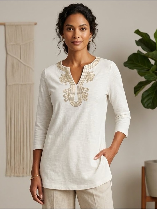 Jade Melody Tam Tops - Jade by Melody Tam White Gold Embroidered Tunic Top — Size Small | NWT